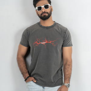 T-shirt homme noir délavé à l'acide, effet red thunder, épaules tombantes, manches courtes, col rond, coupe classique - Product Image 3