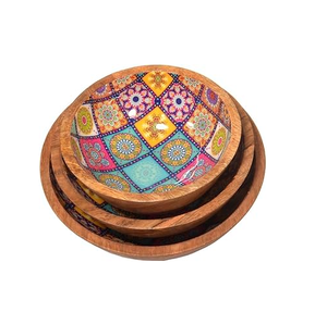 Best Quality Wood Bowl Salad Serving Bowl With Blue White Pattern Customized Designer Bowls Reusable Handmade <b>Pasta</b> Bowl - Product Image 3