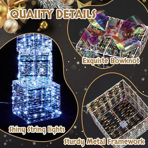 Set 3 Lighted Iridescent Gift Boxes 140 LED Warm White Lights Pre-Lit Nestable Present Boxes Ornament Stakes for Holiday Gifting - Product Image 3