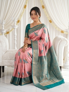 Sari en soie rose et bleu AARA Fashion avec imprimé paon, tenue traditionnelle indienne, protection solaire pour Diwali, sari long pour femmes - Product Image 3