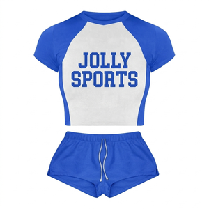 Ensemble short et haut pour femme en mesh polyester et élasthanne 200 GSM, noir et bleu, avec logo imprimé par transfert thermique sur panneau latéral, personnalisable. - Product Image 2