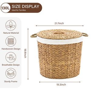 Cesto Portabiancheria Rotondo in Giacinto d'Acqua Naturale Intrecciato da 145L con Coperchio, Eleganti Cesti Portabiancheria Rotondi in Vimini - Product Image 2