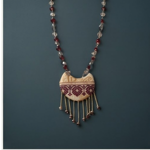 Traditional Muga Silk <b>Necklace</b> <b>Set</b> with Burgundy Textile Pendant and Matching Earrings | Handcrafted <b>Indian</b> Ethnic Jewellery - Product Image 4