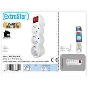 ExtraStar 1 To 3 Adapter <b>Plug</b> 16A 250V <b>With</b> <b>Switch</b> Indoor Use - Product Image 1