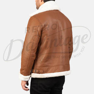 Veste bomber en cuir véritable pour homme, couleur marron clair, doublure en fausse fourrure blanche, veste d'aviateur d'hiver, manteau en cuir de qualité supérieure - Product Image 2