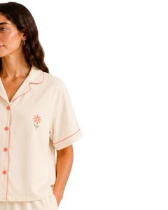 Customized Beige Women Pajama Set Short Sleeve Button <b>Down</b> Sleepwear Floral Embroidery Soft Breathable Summer Lounge Set - Product Image 4