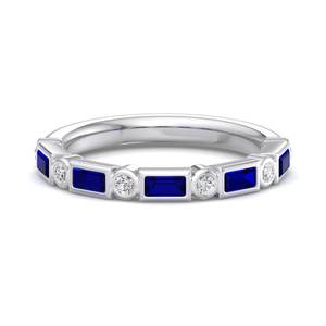 Anillo apilable de lujo con bisel de diamantes talla baguette y redondos brillantes en oro rosa y zafiro azul, joyería de moda para mujer - Product Image 6