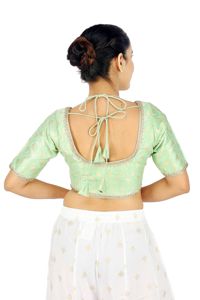 Chemisier court ample en soie brodée vert menthe à manches courtes et col en V pour femme, grande taille, printemps/hiver, été, mariage, tenue ethnique - Product Image 4