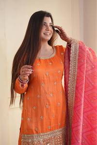 Traje Palazzo de Seda Georgette Naranja OEM a Precio de Fábrica, Ropa Étnica Tradicional India, Traje Salwar Kameez Bordado a Mano - Product Image 4