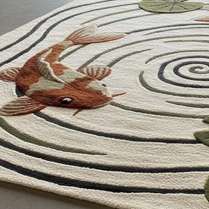 Tapis moderne à motif de poissons koï, design circulaire, tufté à la main, pour salon, motif de bassin décoratif, tapis de sol doux, tapis de décoration intérieure - Product Image 4