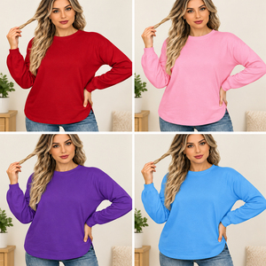 Blusa casual de manga larga rosa lisa con cuello redondo y manga farol para mujer, con dobladillo curvo, suave y básica - Product Image 6