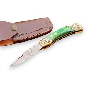 Couteaux pliants personnalisés en acier Damas, lame tranchante faite à la main avec pommelle en métal décoratif, manche en bois et étui en cuir pour l'extérieur - Product Image 3