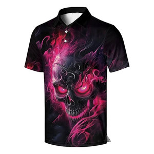 Polo de bowling noir avec motif crâne et drapeau américain, manches courtes, tissu performant, tenue décontractée athlétique pour équipe - Product Image 1