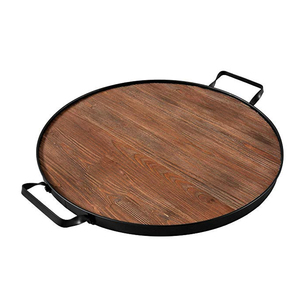 Bandeja Redonda Rústica de Madera para Servir con Asas de Metal Negro, Bandeja Decorativa para Mesa de Centro, Bandeja Vintage para Otomana, Plato de Madera para Servir - Product Image 1