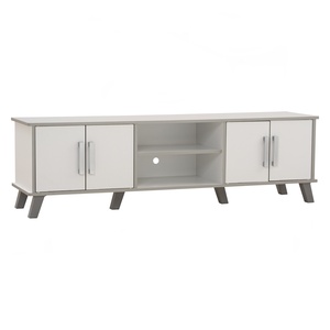 Mueble de TV moderno de tablero laminado con acabado blanco, mueble bajo para TV, centro de entretenimiento con doble almacenamiento y puertas abiertas - Product Image 1