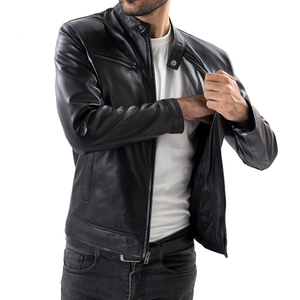 Men's Black Genuine <b>Leather</b> Moto <b>Jacket</b> Stand Collar Zipper Closure Slim Fit Regular Sleeve Solid Color Autumn Style - Product Image 1