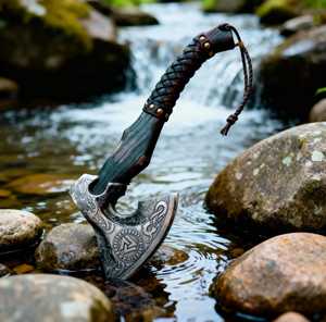 Handcrafted Viking Hatchet with Carbon Steel Blade and Wood <b>Handle</b> for Outdoor Survival Use - Product Image 6