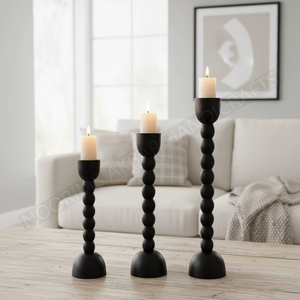 Porte-bougie pilier perlé en aluminium noir mat texturé avec tige sphérique, style moderne rustique, centre de table pour cheminée, décoration artistique - Product Image 5