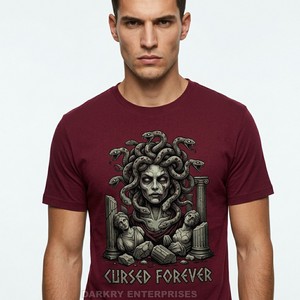 T-shirt graphique personnalisé pour homme, motif squelette de la mythologie Medusa, couleur bordeaux, style streetwear vintage, en coton, vente en gros - Product Image 1