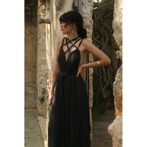Vestido Maxi Boho con Cuello Cruzado y Pliegues, Sin Mangas, Holgado, de Gasa, Color Liso, Estilo Envolvente con Lazo, para Verano y Celebraciones - Product Image 4