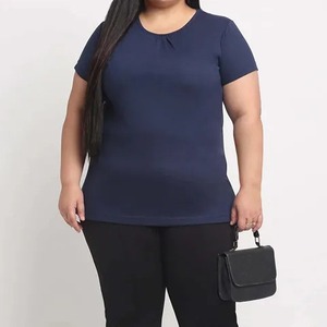 Loose Fit Plus Size Women's <b>Navy</b> Blue Short Sleeve O-Neck Knitted T-Shirt Casual <b>Top</b> Regular Fit Solid Colour - Product Image 1