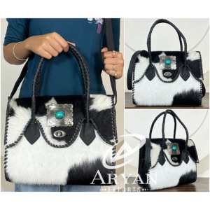 New Arrival 2026 Genuine Leather Hair On Cowhide Leather Tote <b>Bag</b> New Genuine Leather Turquoise Concho Women Casual Handbag - Product Image 1