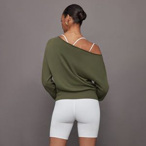 Sudadera Oversize Verde Oliva para Mujer, de Hombros Descubiertos, Manga Larga, Color Sólido, Corte Holgado, Informal, para Otoño e Invierno - Product Image 2