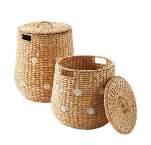 Cesta de Almacenamiento de Jacinto de Agua con Puntos Blancos y Tapa, Organizador de Juguetes Tejido con Bonitos Pompones, Decoración para Habitación Infantil - Product Image 2