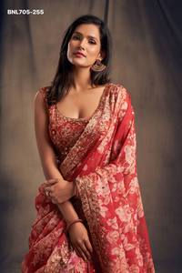 High Quality Organza with Floral Print-<b>Sequin</b>-Zari Embroidered Flared <b>Red</b> Lehenga-Choli Set Woman Fashion Manufacturer - Product Image 5