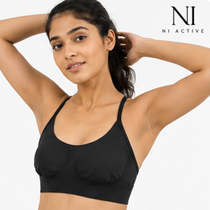 NI ACTIVE Women's Black Scoop Neck Sports Bra Medium Support Seamless Fitness Top Spaghetti Strap Solid Breathable Nofyan Ind - Product Image 1