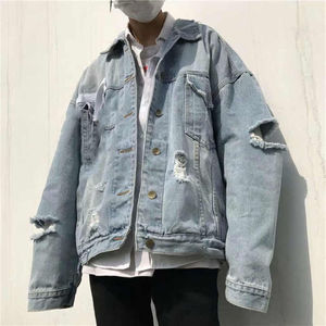 Men's Oversized Distressed Denim <b>Trucker</b> <b>Jacket</b> 100% Cotton Long Sleeve Button Front Breathable Windproof Casual Loose Fit - Product Image 1