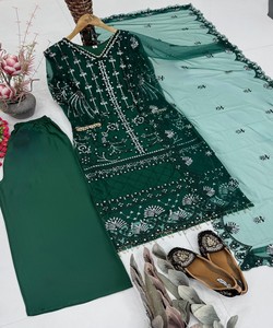 Emerald <b>Green</b> <b>Silk</b> Floor-Length Salwar Kameez Pearl Embroidery Dupatta Traditional Indian Pakistani Wedding Wear Women 71875 - Product Image 4