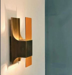 Brass Wall Sconce – Mid-Century Modern Lighting, Orange Plexiglass (2 G9 Sockets) Modern Copper Wall <b>Lamp</b> Amber Metal <b>Shade</b> - Product Image 1