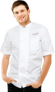 เสื้อเชฟแขนสั้น Discover Impex ผ้าโพลีเอสเตอร์ผสมคอตตอน ยูนิเซ็กซ์ สำหรับร้านอาหาร พิมพ์ลายแบบรีดร้อน ติดกระดุม ผ้าทอ - Product Image 4
