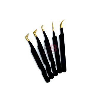 Anti-static High Precision Gold-Plated Eyelash Tweezers <b>Set</b> Black Handle Smooth Tip Curved Straight Lash Extension Tools - Product Image 1