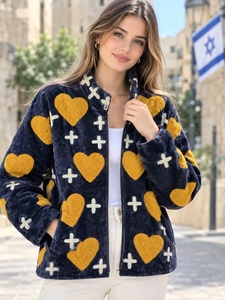 Veste en velours bleu marine pour femmes, avec fermeture éclair, col montant, manches longues, motif cœur, manteau en polaire, veste à manches longues pour femmes, motif cœur - Product Image 1