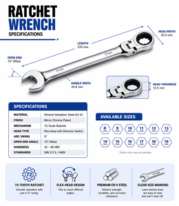 Eastman CR-V Ratchet Flexi ratchet <b>Wrench</b> Tool 72 Teeth Spanner E-4101 - Product Image 3