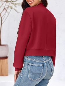 Chaqueta Bomber Roja para Mujer, Color Sólido, Manga Larga, Cierre de Botones, Cuello Alto, Ropa Exterior Informal, Largo Corto, Bolsillos con Parches - Product Image 5