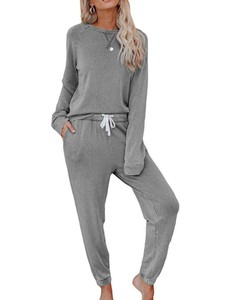 Women's Casual 2-Piece <b>Set</b> Long Sleeve Crew Neck Sweatshirt With Drawstring Pants Loose Fit Solid Gray Cotton <b>Knitted</b> Outfit OEM - Product Image 1