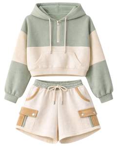 Conjunto de dos piezas casual para mujer: Sudadera corta con cremallera y bloques de color verde salvia, y pantalones cortos con bolsillos cargo. Poliéster y algodón. Venta al por mayor personalizada. - Product Image 1