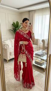 Sari en satin de créateur Fandy avec de magnifiques perles brodées à la main, travail Dana découpé, bordure lourde et Butti sur toute la surface du sari avec Aarco. - Product Image 2