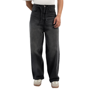 <b>Mens</b> Black Washed Denim <b>Jeans</b> Wide Leg Relaxed Fit Casual <b>Drawstring</b> Waist Five Pocket Streetwear Trousers Fashion Pants Casual - Product Image 1