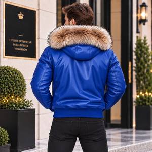 Men's Genuine Leather Bomber Motorcycle Jacket with <b>Fox</b> <b>Fur</b> Hood, Breathable Plaid Pattern Winter Jacket, Lederjacke Herren - Product Image 6