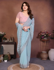 Sari de Rayón Georgette con Adornos al Estilo Bollywood KV para Fiesta, Sin Arrugas y Reversible, para Otoño - Product Image 4