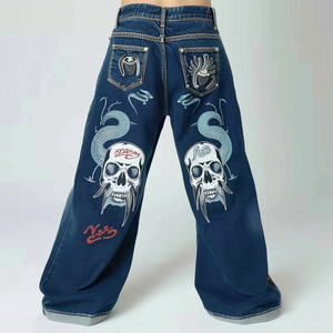 Pantalon personnalisé pour homme, coupe ample, taille mi-haute, jean décontracté baggy, délavé vintage, déchiré, 100% coton, technique brodée - Product Image 4