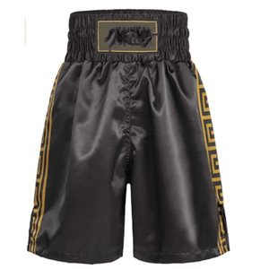 Premium <b>Black</b> Satin Boxing Shorts with Gold Greek Key Side Stripe - Professional Muay Thai & Kickboxing <b>Trunks</b> for Men/Women - Product Image 1