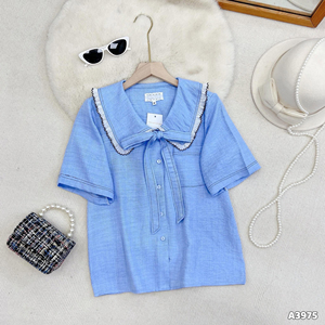 Women Formal Work Blouse with Short Sleeve Layered Sailor Collar and Bow Tie Solid Woven Simple <b>Top</b> ODM - Product Image 6