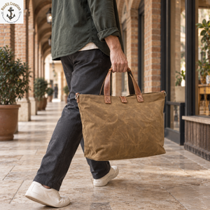 Natural Oil <b>Waxed</b> <b>Canvas</b> Shopping Tote with Dual Carry Handles | Tan Brown Daily Carry <b>Bag</b> with Metal Side Hardware for Travels - Product Image 3