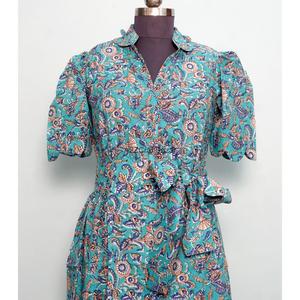 Beautiful Comfortable Short Sleeve Kangura Casual Dress Indian Handmade Cotton Women Office Wear Modern Button Hand Block - Product Image 5