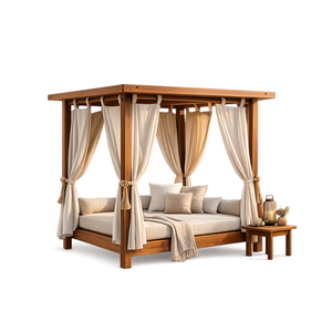 Cama de Día de Lujo Moderna y Duradera de Teca Sólida para Exteriores con Toldo y Cortinas, Cama de Jardín Premium para Patio o Resort - Product Image 1